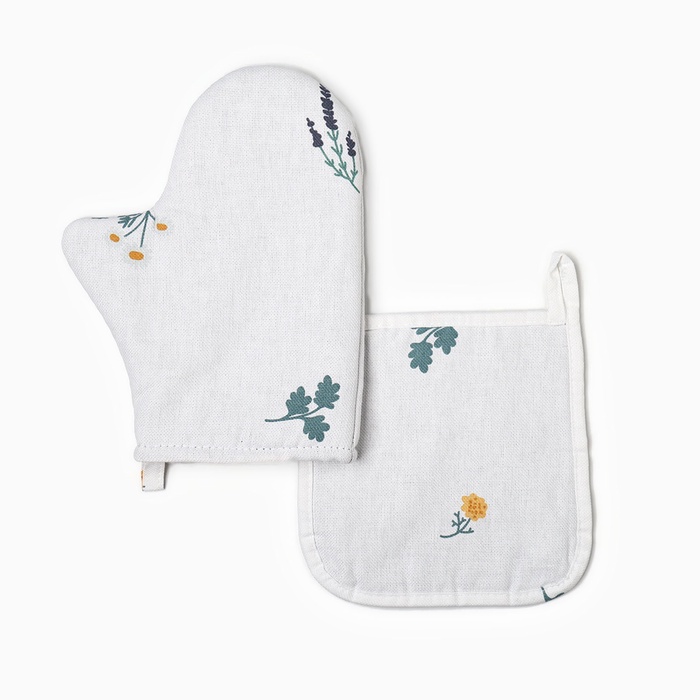 Кухонный набор «Этель. Полевые цветочки»: варежка 20×27 см, прихватка 19×19 см, рогожка 176 г/м², 100% хлопок - Фото 1