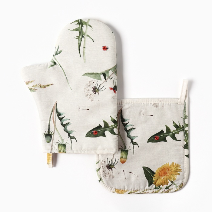 Набор Этель «Одуванчики»: варежка-прихватка 20×27 см, прихватка 19×19 см, 100% хлопок, саржа 178 г/м² - Фото 1