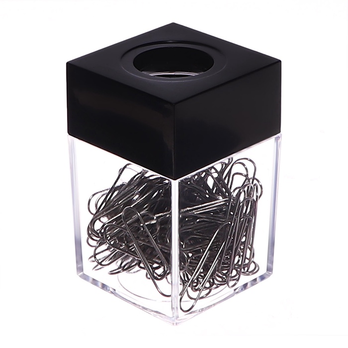 Скрепочница квадратная с магнитом прозрачная пластик, скрепки 28 мм-100 штук