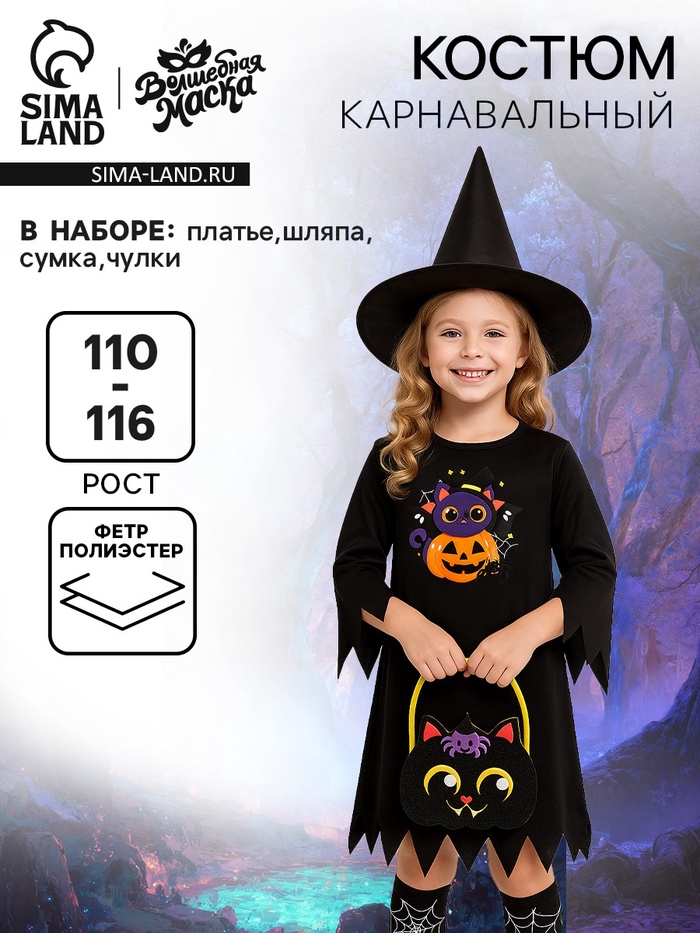 Карнавальный костюм «Зловещая Колдунья»: платье, шляпа, сумка, чулки, рост 110-116 см - Фото 1