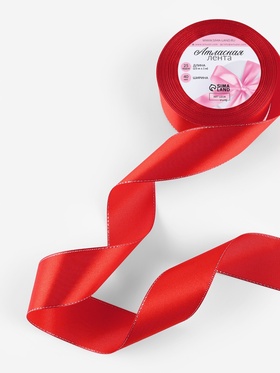 Лента атласная, с серебряным люрексом, 40 мм, 23±1 м, красная №26 (комплект 2 шт)