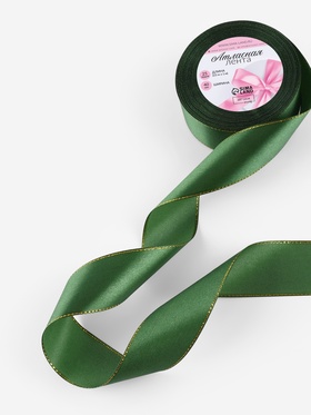 Лента атласная, с золотым люрексом, 40 мм, 23±1 м, зелёная №49 (комплект 2 шт)