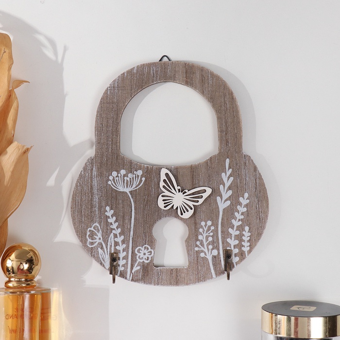 Настенные крючки декоративные «Замок с растениями и бабочкой», дерево, ключница, 2.5×15×17 см