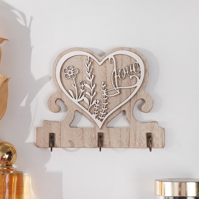 Настенные крючки декоративные «Ажурное сердце с растениями», дерево, 2.5×14.5×11.5 см