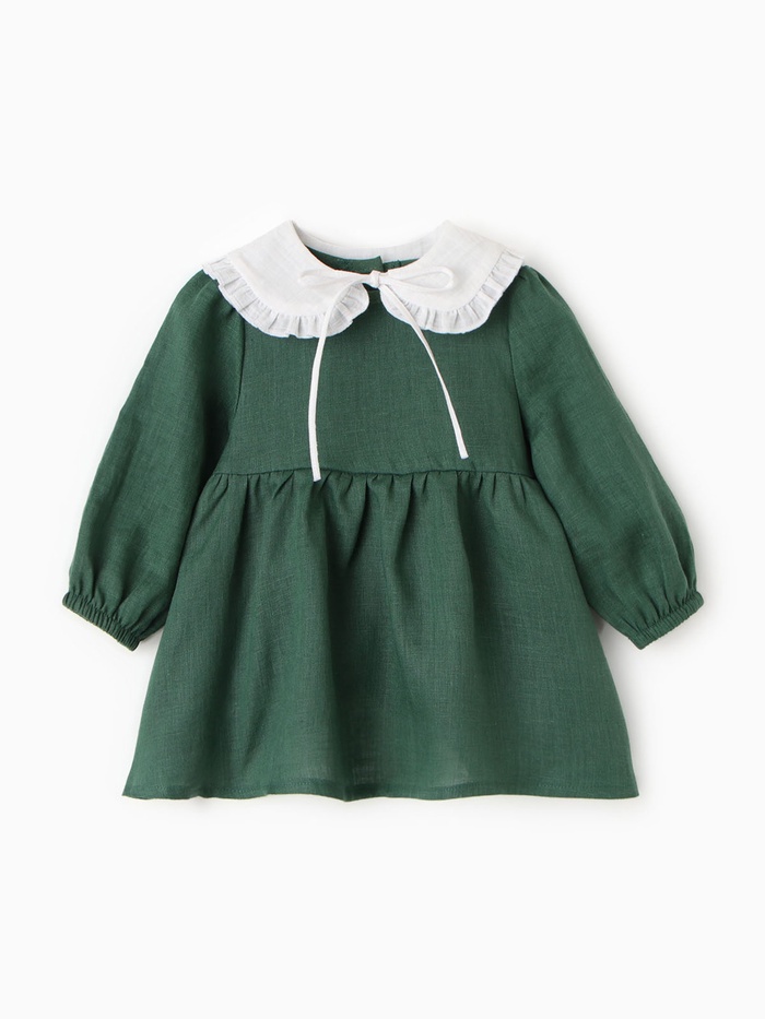 Платье с воротничком Крошка Я Linen, 86-92, зеленый - Фото 1
