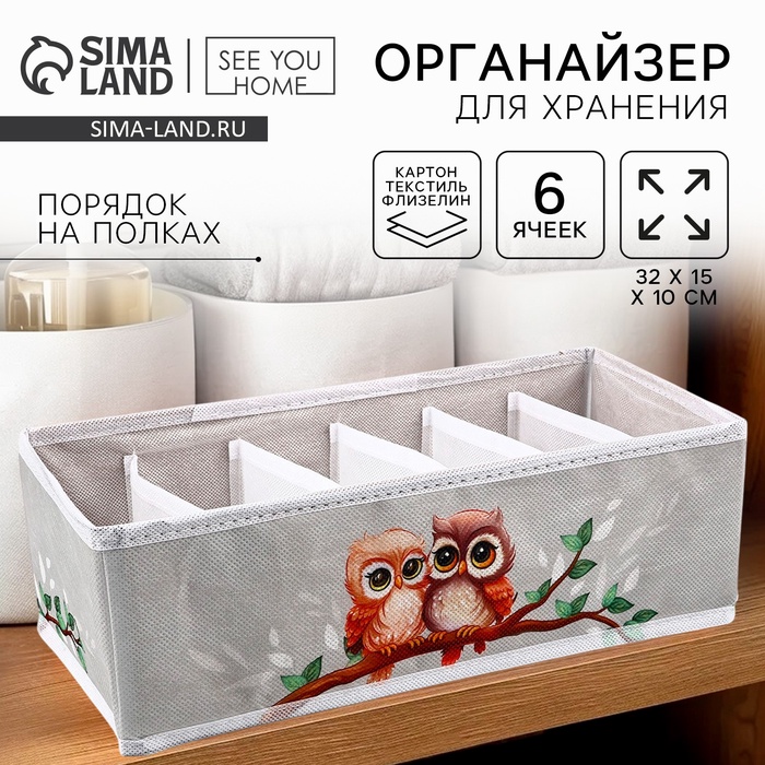 Органайзер для хранения, кофр для белья 6 ячеек «Совушки», 32×15×10 см - Фото 1