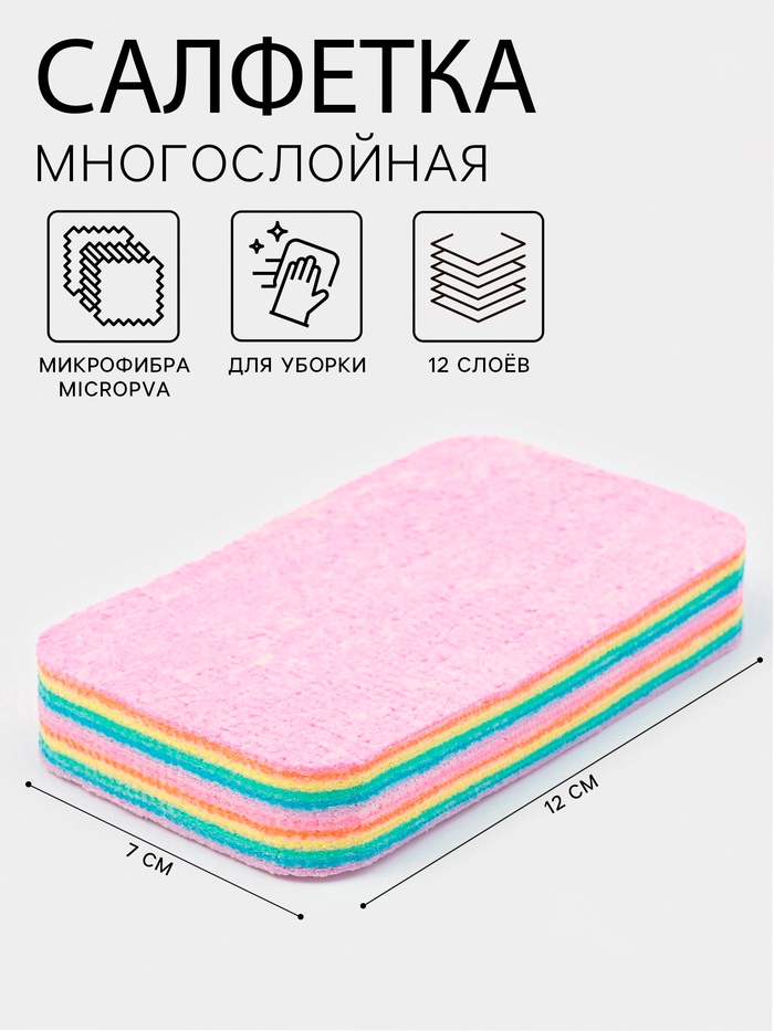 Салфетка многослойная для уборки из микрофибры MicroPVA, 12×7 см, 12 слоев - Фото 1