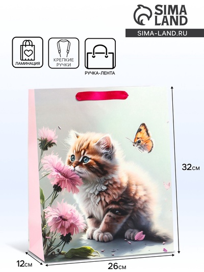 Пакет подарочный ламинированный вертикальный «Котик и цветок», M 26×32×12 см