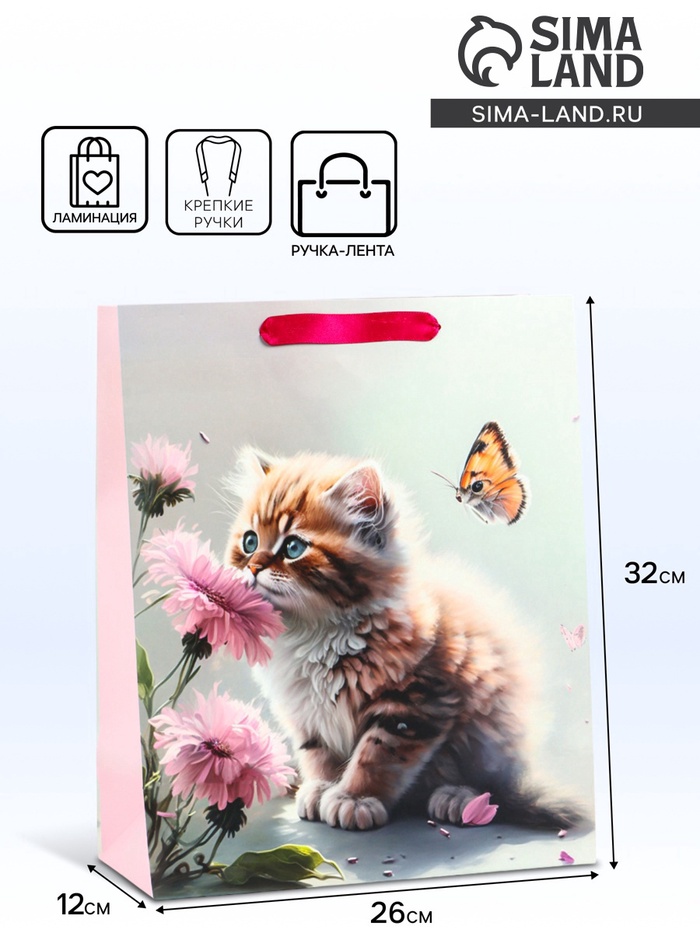 Пакет подарочный ламинированный вертикальный «Котик и цветок», M 26×32×12 см - Фото 1