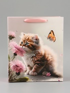 Пакет подарочный ламинированный вертикальный «Котик и цветок», M 26×32×12 см - Фото 3