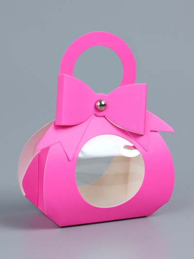 Подарочная коробка в форме сумочки, складная, с бантом и ручкой, ПВХ окно, розовая, 13×6.5×4 см
