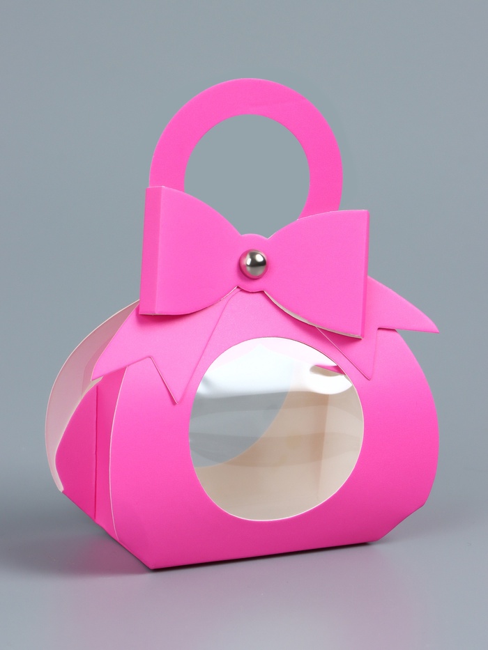 Подарочная коробка в форме сумочки, складная, с бантом и ручкой, ПВХ окно, розовая, 13×6.5×4 см - Фото 1