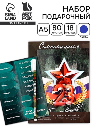 Подарочный набор, ежедневник А5, 80 листов, наклейки и ручка «С 23 февраля. Сильному духом»