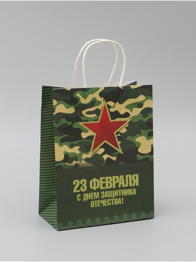 Пакет подарочный крафт «С 23 Февраля» 21×11×27 См