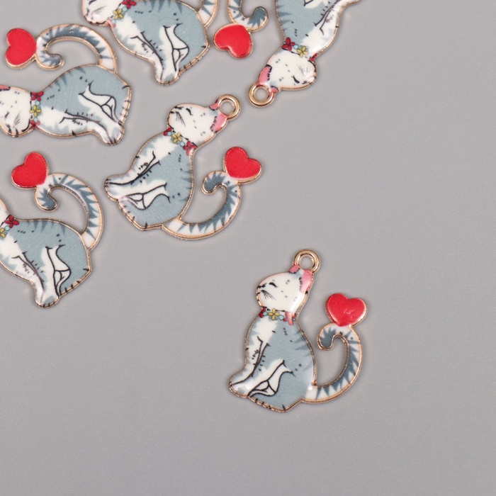 Декор для творчества металл, эмаль «Серый кот с сердечком», 2.5×1.8 см - Фото 1