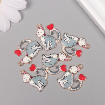 Декор для творчества металл, эмаль "Серый кот с сердечком" 2,5х1,8 см