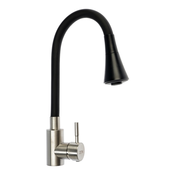 УЦЕНКА Смеситель для кухни ZEIN Z3425, силикон.излив, картридж 35 мм, нерж.сталь, черный/сатин - Фото 1
