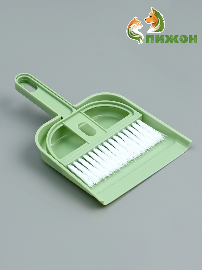 Совок со щёткой для уборки за животными 20 х 12 х 2 см, зеленый - Фото 1