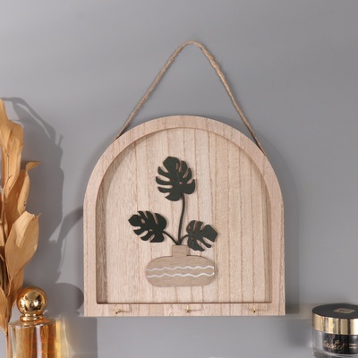 Настенные крючки декоративные «Ветки монстеры в вазе», дерево, 2.5×19.5×19.5 см