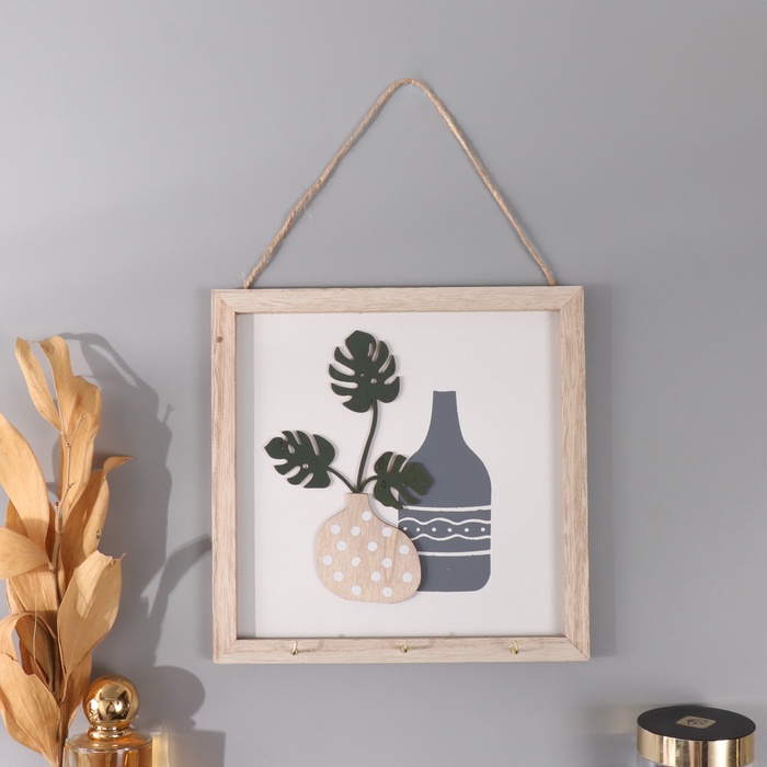 Настенные крючки декоративные «Ветки монстеры и две вазы», дерево, 2.5×20×20 см