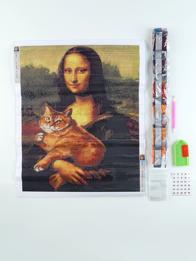Алмазная мозаика с полным заполнением на холсте «Мона Лиза с котом», 40×50 см