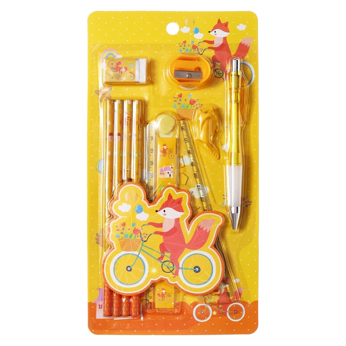 Набор канцелярский Calligrata 9 предметов, 4 чернографитных карандаша, точилка, ластик, линейка, ручка, насадка-тренажер, жёлтый - Фото 1