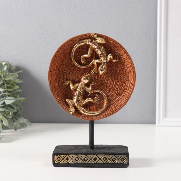 Фигурка полистоун «Две ящерицы на плетёном круге», золото, 5×12×20.5 см - Фото 1