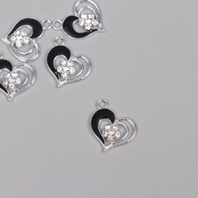 Декор для творчества металл, стразы «Сердце с цветочком», серебро, чёрный, 2×1.7×0.3 см