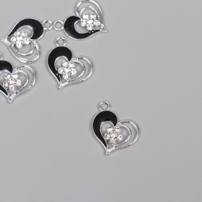 Декор для творчества металл, стразы «Сердце с цветочком», серебро, чёрный, 2×1.7×0.3 см - Фото 1