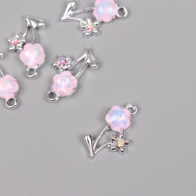 Декор для творчества металл, стразы «Цветочки», серебро, розовый, 2.2×1.3×0.5 см