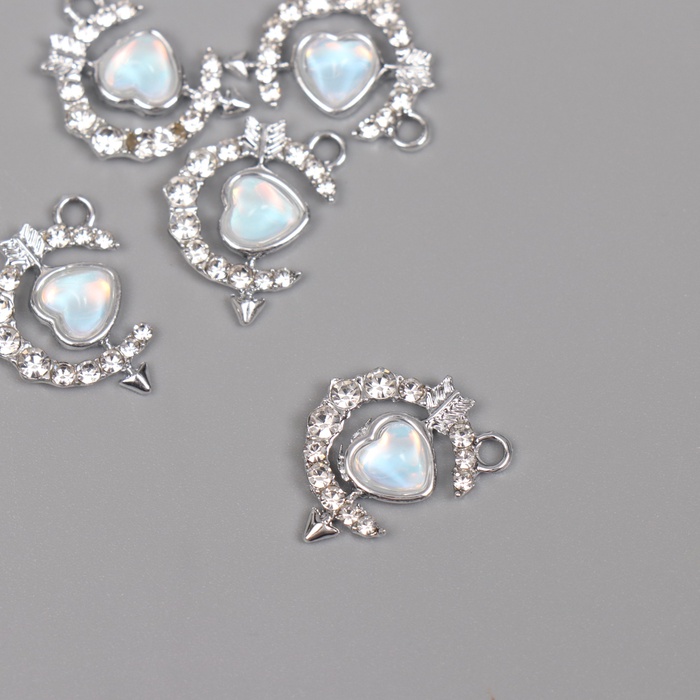 Декор для творчества металл, стразы «Сердце в месяце», серебро, 2×1.5×0.5 см - Фото 1