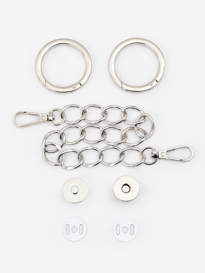 Набор для создания сумки, 4 предмета, кольцо-карабин - 2 шт., цепочка, кнопка магнитная, цвет серебряный