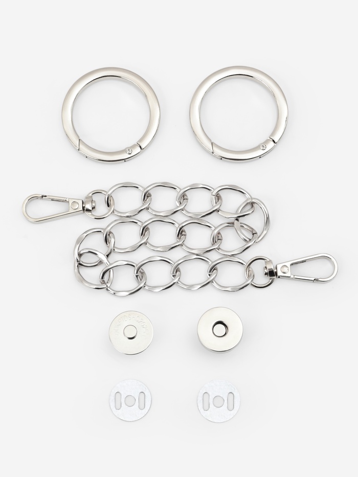 Набор для создания сумки, 4 предмета, кольцо-карабин - 2 шт., цепочка, кнопка магнитная, цвет серебряный - Фото 1
