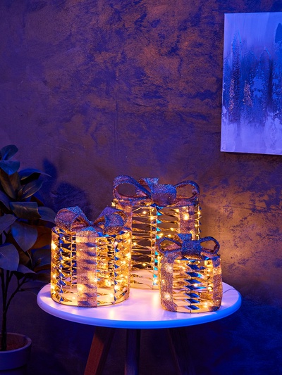 Фигура световая «Подарки цилиндр бежевые», 25×20х15 см, 90 LED, батарейки ААх8 (не в компл.), свечение тёплое белое