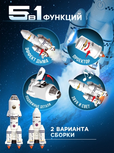 Игровой набор 5в1 «Ракета», свет, звук, дым, с проектором и фигурками