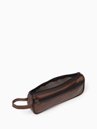 Косметичка-пенал на молнии с карманом, из искусственной кожи, коричневая - Фото 3