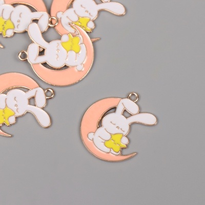 Декор для творчества металл, эмаль «Зайчик на розовом месяце», 2.9×2.5 см
