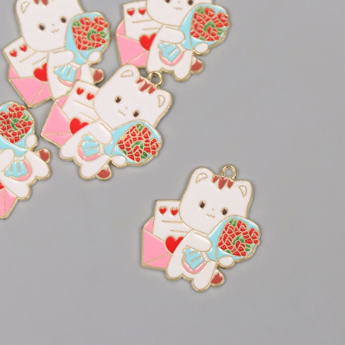 Декор для творчества металл, эмаль «Котик с букетом», 2.8×2.5 см - Фото 1