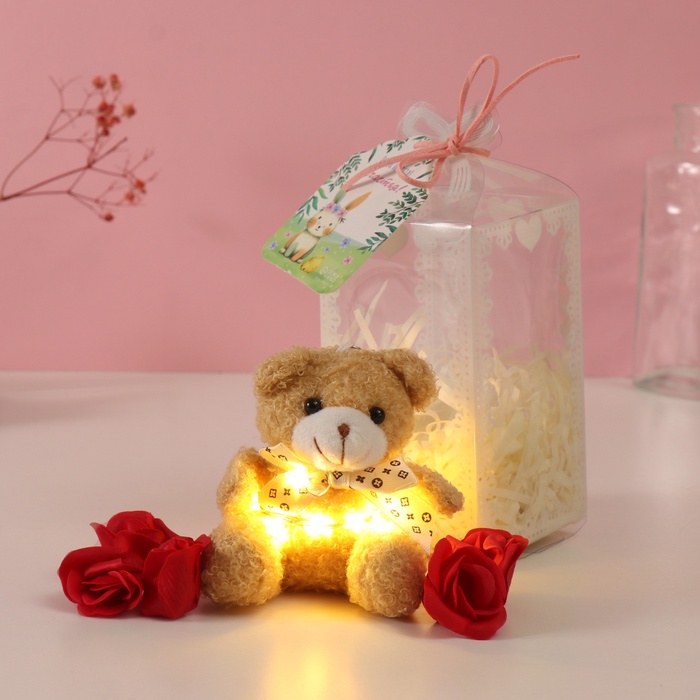 Набор подарочный «Мишка беж с бантом», мыльные красные розы 5 шт., роса, 7×7×12 см - Фото 1