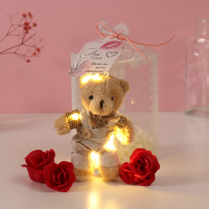 Набор подарочный «Мишка в комбинезоне», мыльные красные розы 5 шт., роса, 7×7×12 см - Фото 1