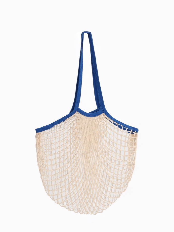 Сумка-авоська плетёная, клетка 1.5 см, бежевая/синяя - Фото 1