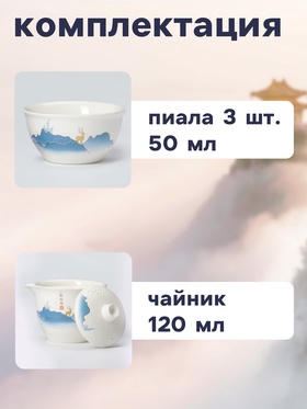 Набор для чайной церемонии ДЖЕКИЧАЙ «Инуяма», 6 предметов, на 3 персоны, чашка 50 мл, чайник 120 мл, керамика, белый