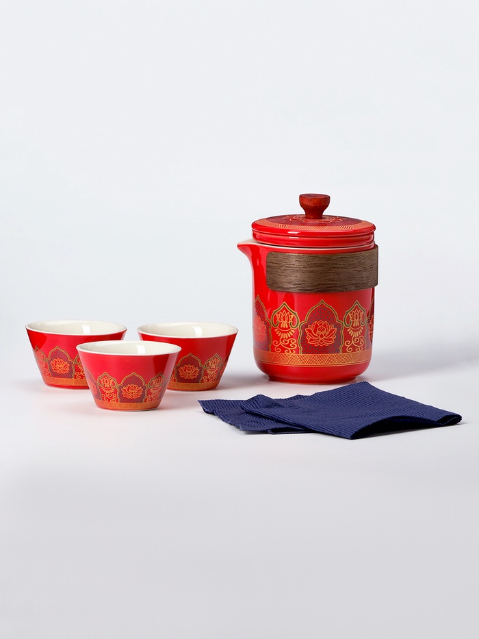Набор для чайной церемонии ДЖЕКИЧАЙ «Сембоку», 5 предметов, на 3 персоны, чашка 50 мл, чайник 285 мл, керамика, красный - Фото 1