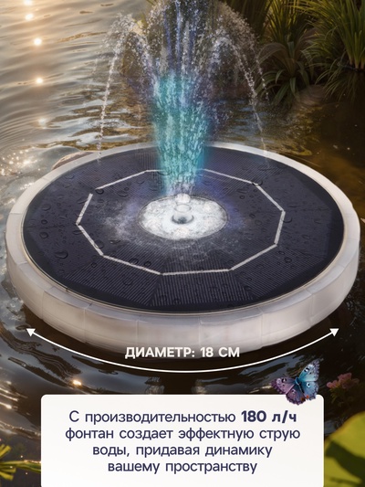 Фонтан садовый с подсветкой JT-180-23 LED, 7 Вт, h=55 см, 180 л/ч, на солнечной батарее
