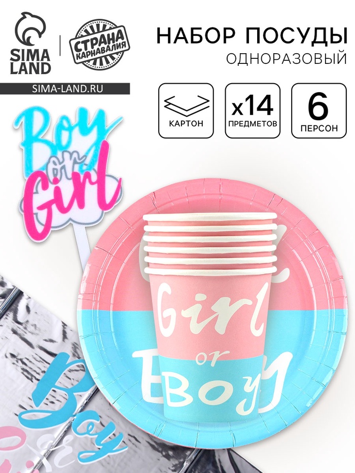 Посуда одноразовая бумажная для праздника «Гендер Пати», на 6 персон, 14 предметов - Фото 1