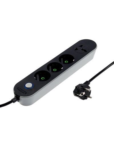 Удлинитель сетевой, 4 розетки (3 евро + 1 универсальная), 3 м, 1300 Вт, 3×0.75 мм2, с заземлением, с выключателем, чёрный