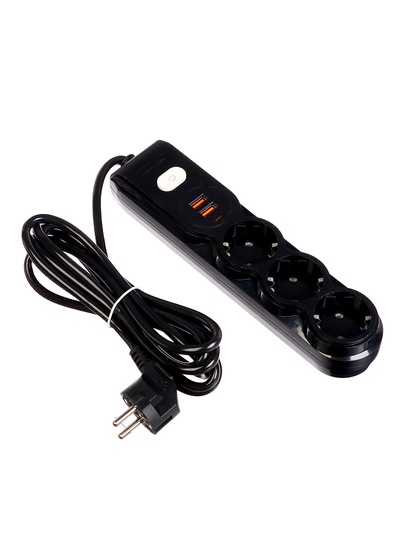 Удлинитель сетевой, 3 розетки, 3 м, 1300 Вт, 3×0.75 мм2, 2 USB-A, USB-C, 2.1 А, с заземлением, с выключателем, белый