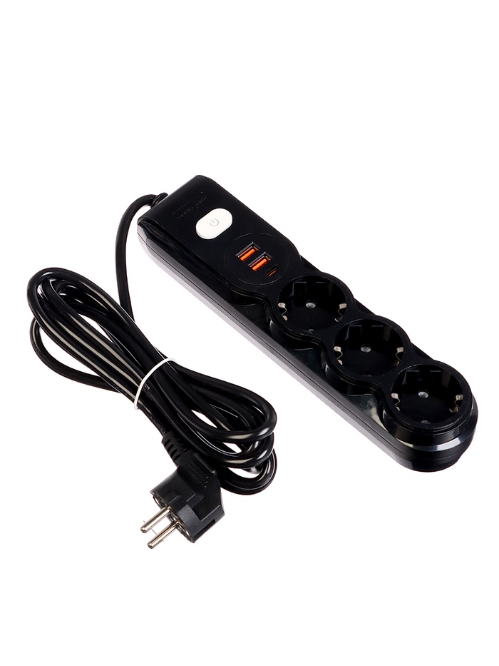 Удлинитель сетевой, 3 розетки, 3 м, 1300 Вт, 3×0.75 мм2, 2 USB-A, USB-C, 2.1 А, с заземлением, с выключателем, чёрный - Фото 1
