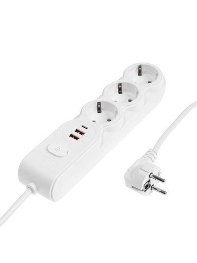 Удлинитель сетевой, 3 розетки, 3 м, 1300 Вт, 3×0.75 мм2, 2 USB-A, USB-C, 2.1 А, с заземлением, с выключателем, белый