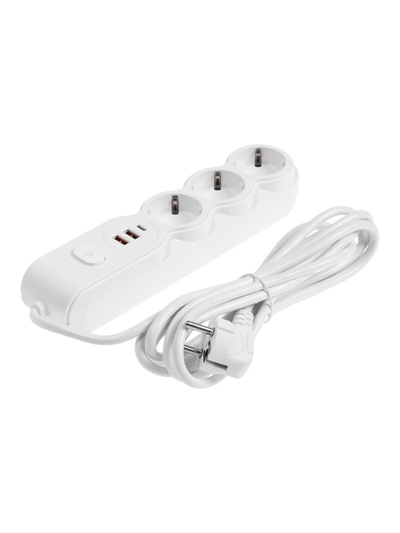 Удлинитель сетевой, 3 розетки, 3 м, 1300 Вт, 3×0.75 мм2, 2 USB-A, USB-C, 2.1 А, с заземлением, с выключателем, белый